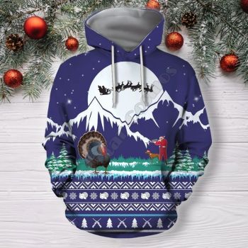 Street Style Blue Santa Claus Tree Snow Pattern Christmas Hoodie