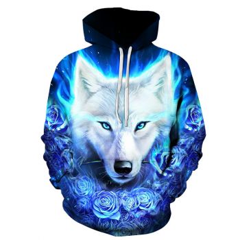   Printed winter snow rose ice wolf hooded sweatshirt