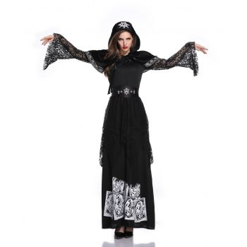 Black lace hooded long dress witch role-playing clothes