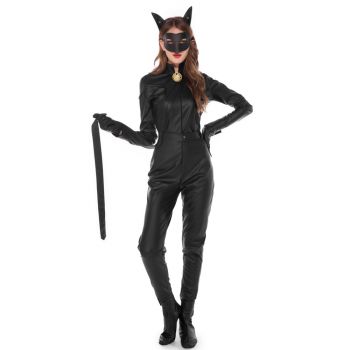 Halloween cat girl tight one-piece leather suit with tail