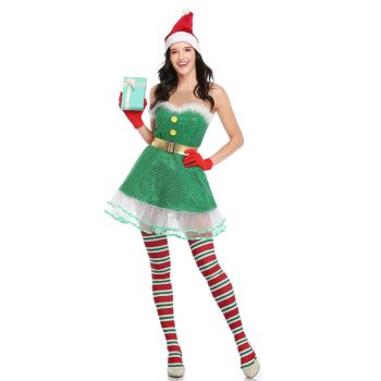 Christmas clothes cute green elf puffy dress cake skirt smocked dress