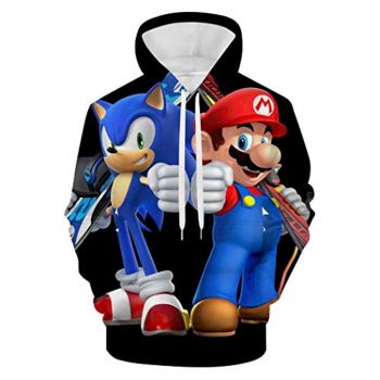 Mario Hoodie &#8211; Super Mario and Sonic 3D Full Print Drawstring Hooded Pullover Sweatshirt