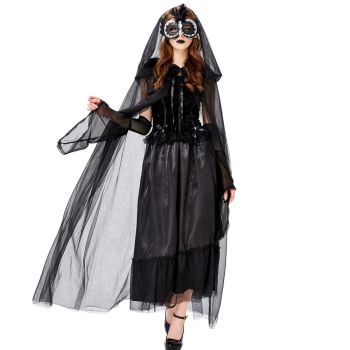 Halloween ghost bride black lace cape long dress