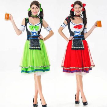 Women Red Printing Bavarian Oktoberfest Maid Costume 