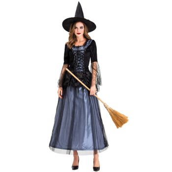 Witch dress lace mesh temperament blue and black long dress
