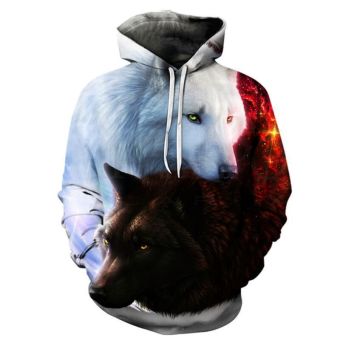  Black and white fire wolf head printed sweatshirt