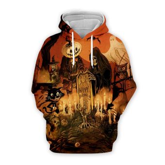 Loose And Gorgeous Orange Pumpkin Skull Pattern Halloween Hoodie