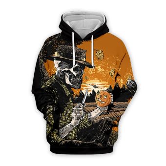 Precious And Gorgeous Black Orange Pumpkin Skull Pattern Halloween Hoodie