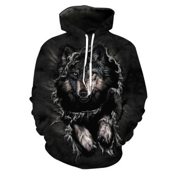  Printed animal pattern black wolf casual sweatshirt