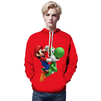 Mario Hoodie &#8211; Mario and Yoshi Red 3D Full Print Drawstring Hooded Pullover Sweatshirt