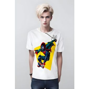 Miles Morales Suit Up T-Shirt: A Green Tee with a Glowing Spider-man Suit Image