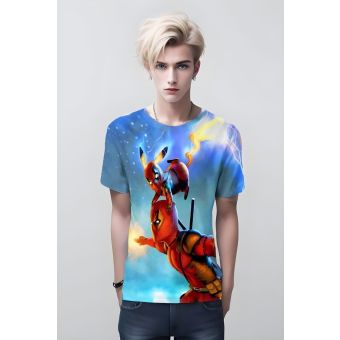 Blue Encounter: Deadpool vs Pikachu from DQS, A Crossover for the Ages T Shirt