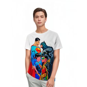 Dynamic Duo Unite: Superman X Batman Multicolored Tee - For Fans of Legendary Team-ups!