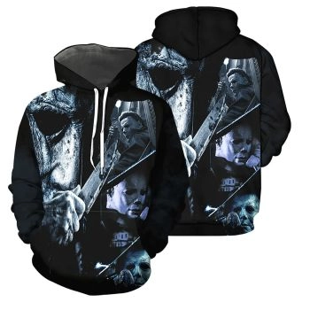  Oversize Black Blue Horror Characters Knives Pattern Halloween Hoodie