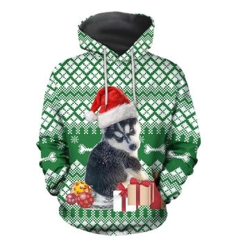 Cute And Loose Green Wolf Gift Box Pattern Christmas Hoodie
