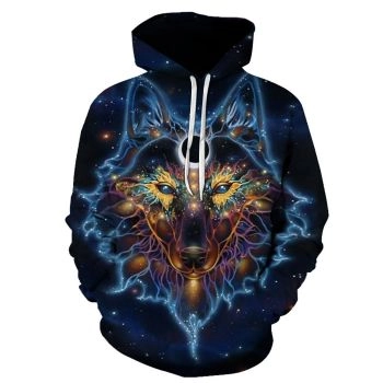 Loose Blue Wolf Pattern Animals Hoodie