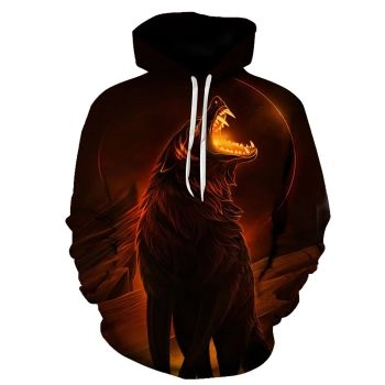 Loose Orange Wolf Pattern Animals Hoodie