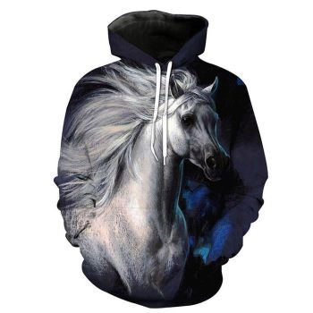 Vintage  And Loose Blue Horse Pattern Animals Hoodie