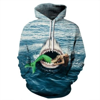 Loose And Fashion Blue Shark Pattern Animals Hoodie