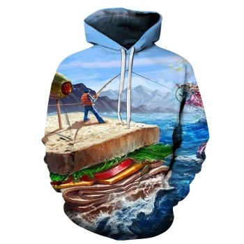 Oversize Blue Fish   Pattern Animals Hoodie