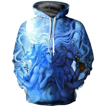 Loose Blue Wolf Pattern Animals Hoodie