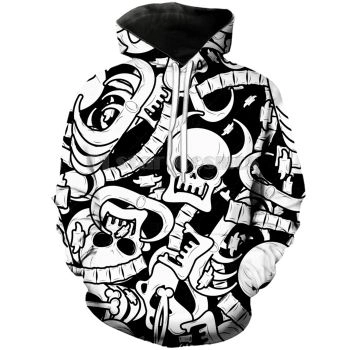 Fashion Black White Skull Pattern Halloween Hoodie