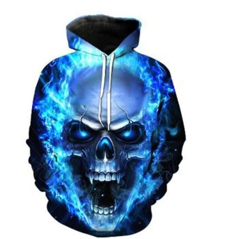  Skull series print blue loose hooded sweatshirt