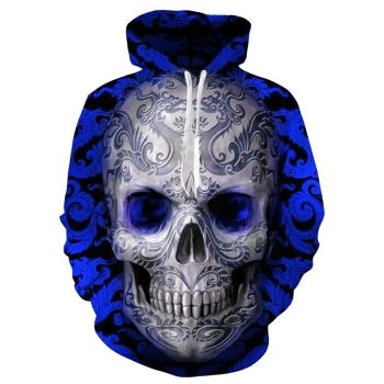  Blue flower skull series print hooded sweatshirt