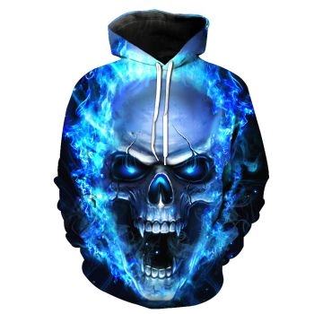 Blue skull series print loose plus size hooded sweatshirt