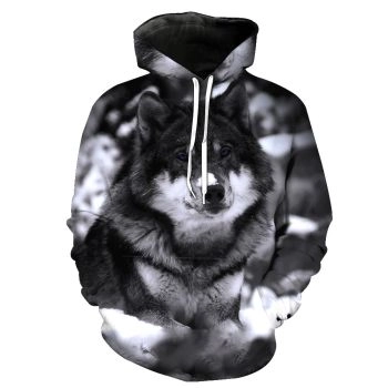 3D printed black and white coyote dog hooded sweatshirt 