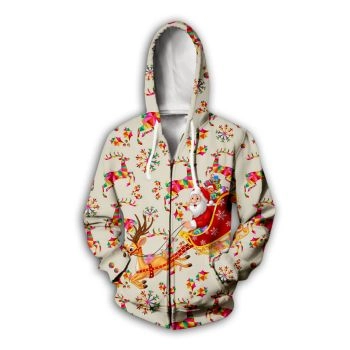 Fashion Brown Red Santa Claus Deer Tree Pattern Christmas Zip-Up Hoodie