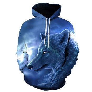 Blue lonely wolf king print hooded sweatshirt