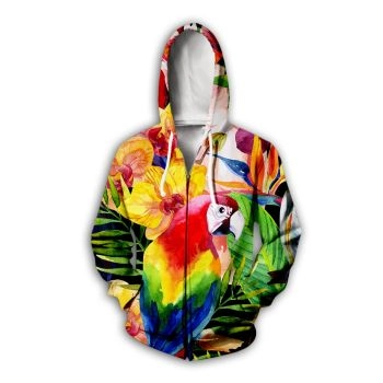 Popular And Vintage Colorful Parrot Pattern Animals Zip-Up Hoodie