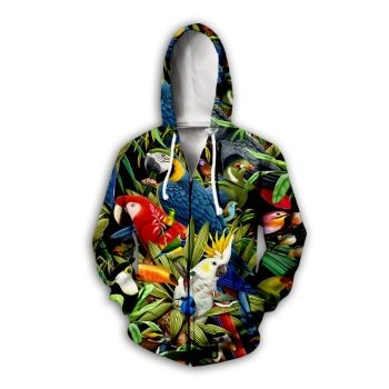 Classical And Elegance Colorful Parrot Pattern Animals Zip-Up Hoodie