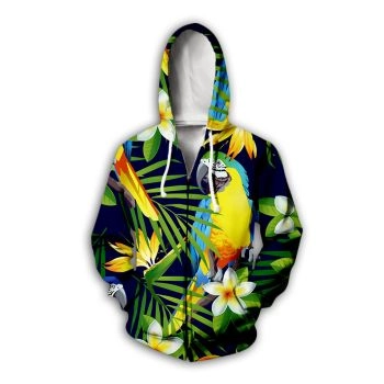 Cute And Loose Colorful Parrot Pattern Animals Zip-Up Hoodie