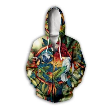 Street Style Colorful Parrot Pattern Animals Zip-Up Hoodie