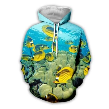 Popular And Vintage Yellow Blue Fish Pattern Animals Hoodie