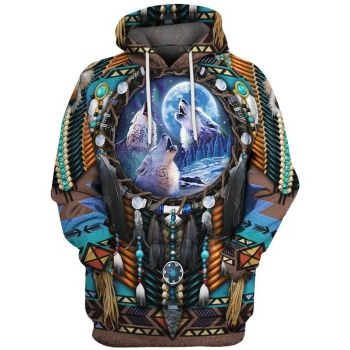 Vintage  And Loose Colorful Wolf Feather Skull Pattern Indians Hoodie