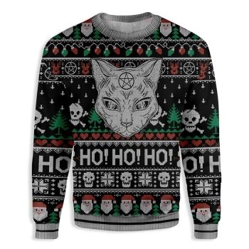 Cat Sweater Wicca Black Cat Ho Ho Ho Christmas Pattern Ugly Sweater Cat Ugly Sweater