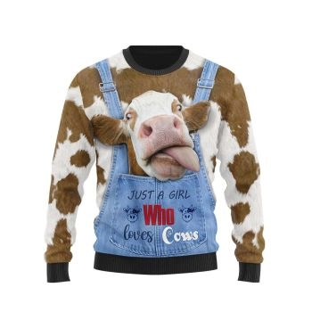 Just a Girl Who Loves Cow Pattern Print Ugly Christmas Sweater,Christmas Ugly Sweater
