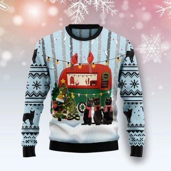 Black Cat Love Camping Ugly Christmas Sweater