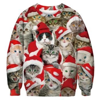 Adorable Cat With Red Hat 3D All Over Print Ugly Christmas Sweater Hoodie All Over Printed,Christmas Ugly Sweater