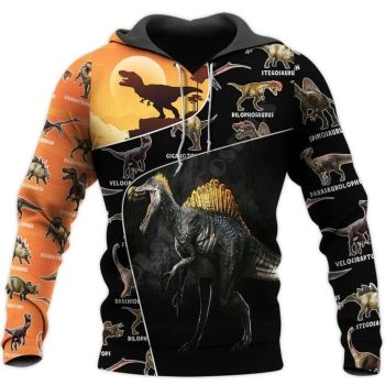 Vintage  And Loose Black Orange Dinosaurs Pattern Animals Hoodie