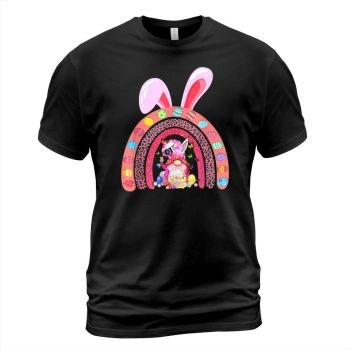 Bunny Easter Egg Hunting Gnome Leopard Rainbow T Shirt