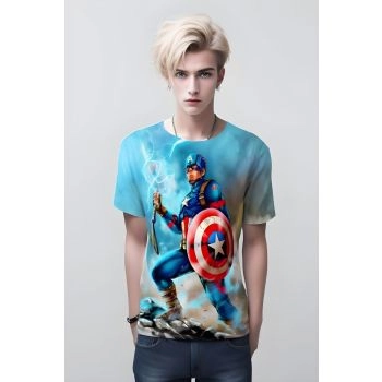 Blue Captain America Comic Style Shirt - Retro Vibes and Heroic Adventures