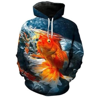 Vintage  And Loose Blue Orange Fish Pattern Bitcoin Hoodie