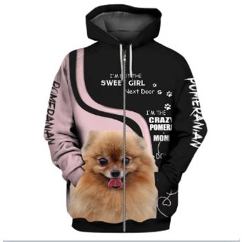  Loose And Fashion Pink Black Dog Pattern Animals Zip-Up Hoodie