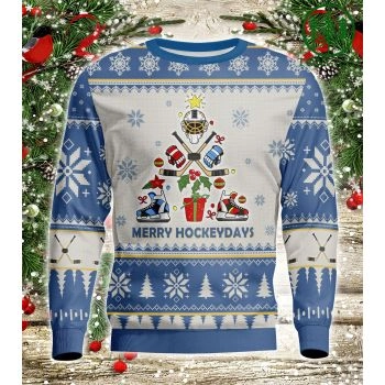 Hockey Blue Christmas Tree Ugly Sweater