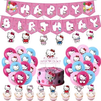 Hello Cat Theme, Kids Birthday Party Decoration, Cute Pink Girl Birthday Decoration Set