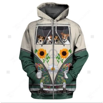 Vintage  Green Grey Dog Pattern Animals Zip-Up Hoodie